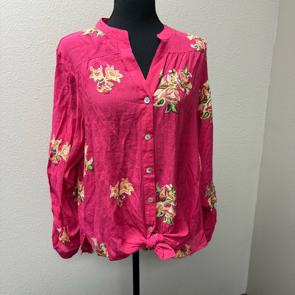Figueroa & Flower Pink Embroidered Boho Button Blouse Large - Picture 2 of 9